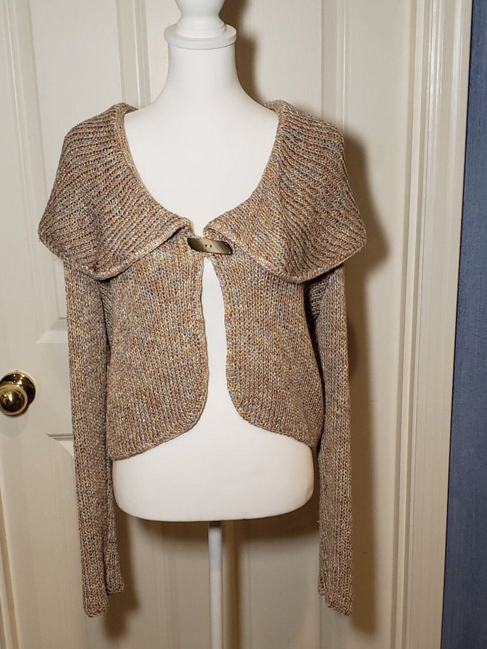 St John knit Shawl Neck Cardigan, Medium, copper, gold, brown and blue